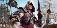 assassins_creed_black_flag_resynced_every_platform_confirmed_hero_f766a585a4-1280x720 | Gamefa English Hooded assassin on a wooden ship deck, holding a pistol in one hand and a curved sword in the other, with sails in the background