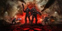 gears_of_war_e-day | Gamefa English Two heavily armored soldiers stand back-to-back in a ruined city, firing weapons as lava glows beneath them and monstrous foes loom behind.